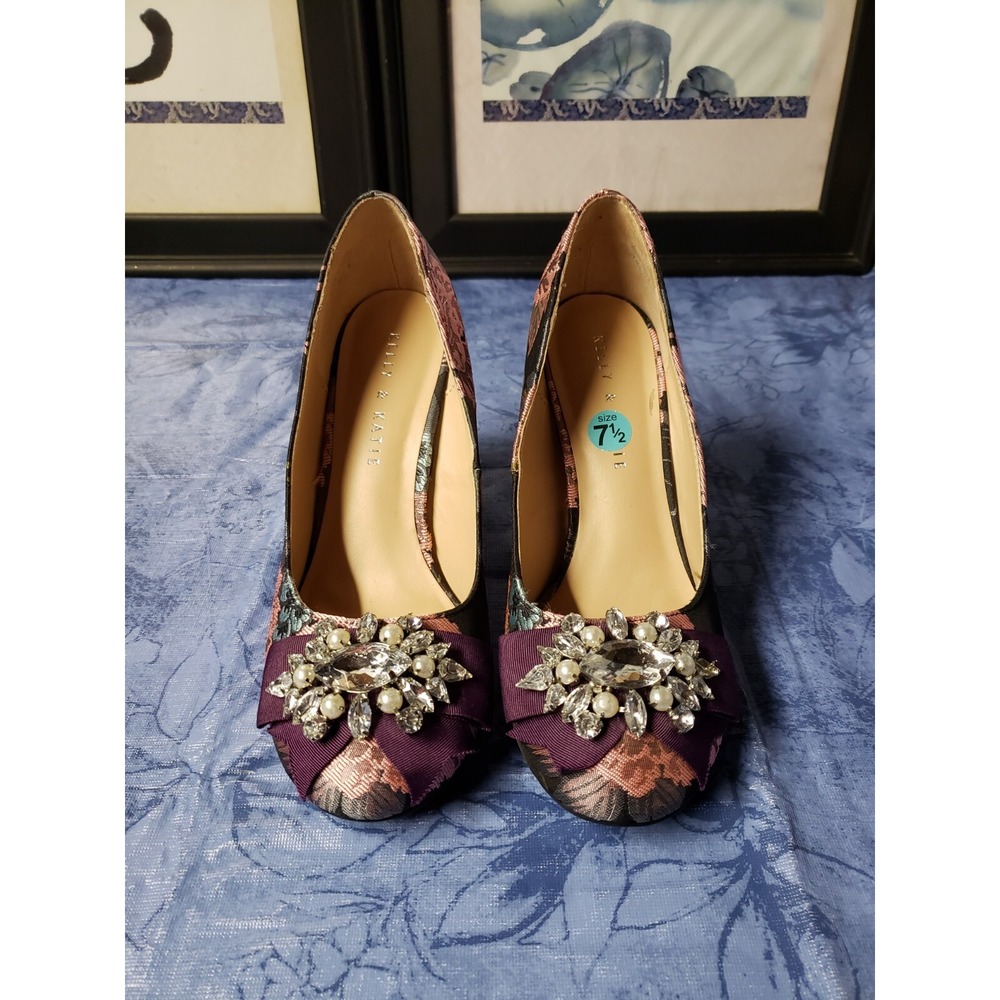 Kelly And‎ Katie Black Pink And Grey Fabric Shoes With Rhinestones And Pearls7.5